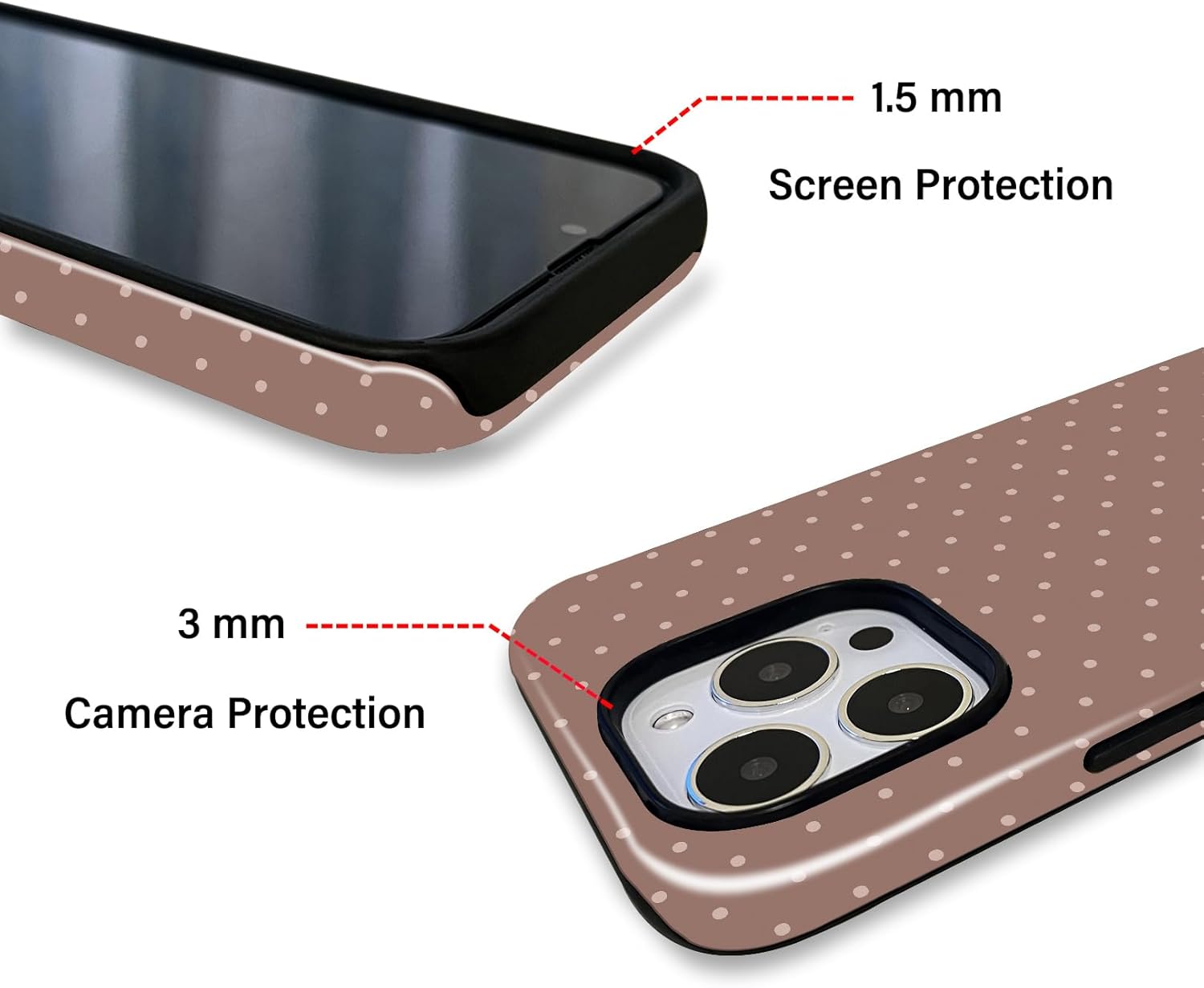 Trendy Cute Hybrid 2 Layer Brown Polka Dot Phone Case for iPhone 14 Pro,Brown - Image 3