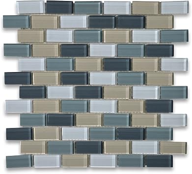 Stone Center Online Gray Blue Grey Beige and Bluish White Glass 1x2 Brick Mosaic Tile Kitchen Bath Wall Floor Backsplash Shower 1 Sheet
