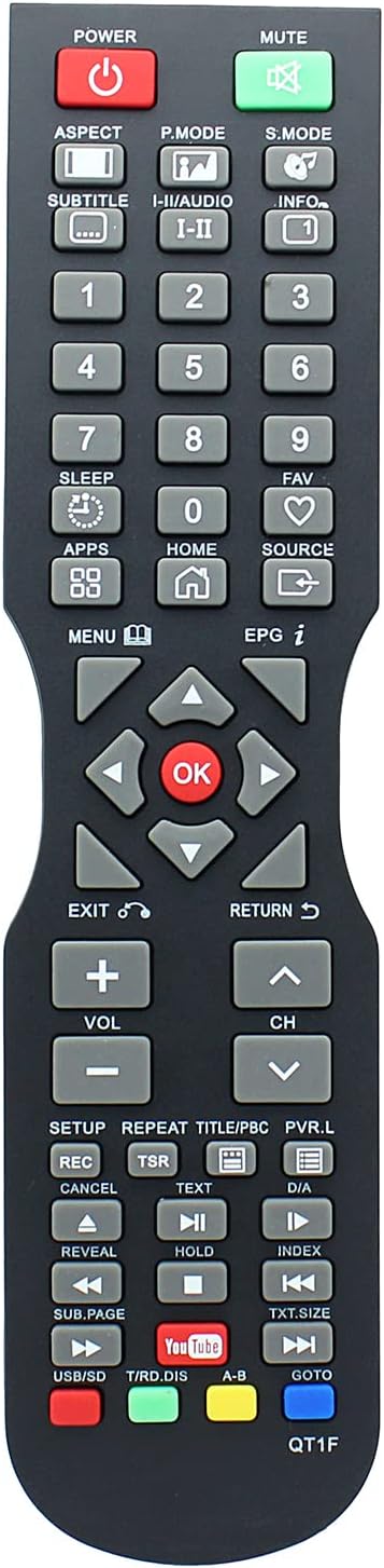 Front view of the Azwok QT1F remote control, showing all buttons and their labels.