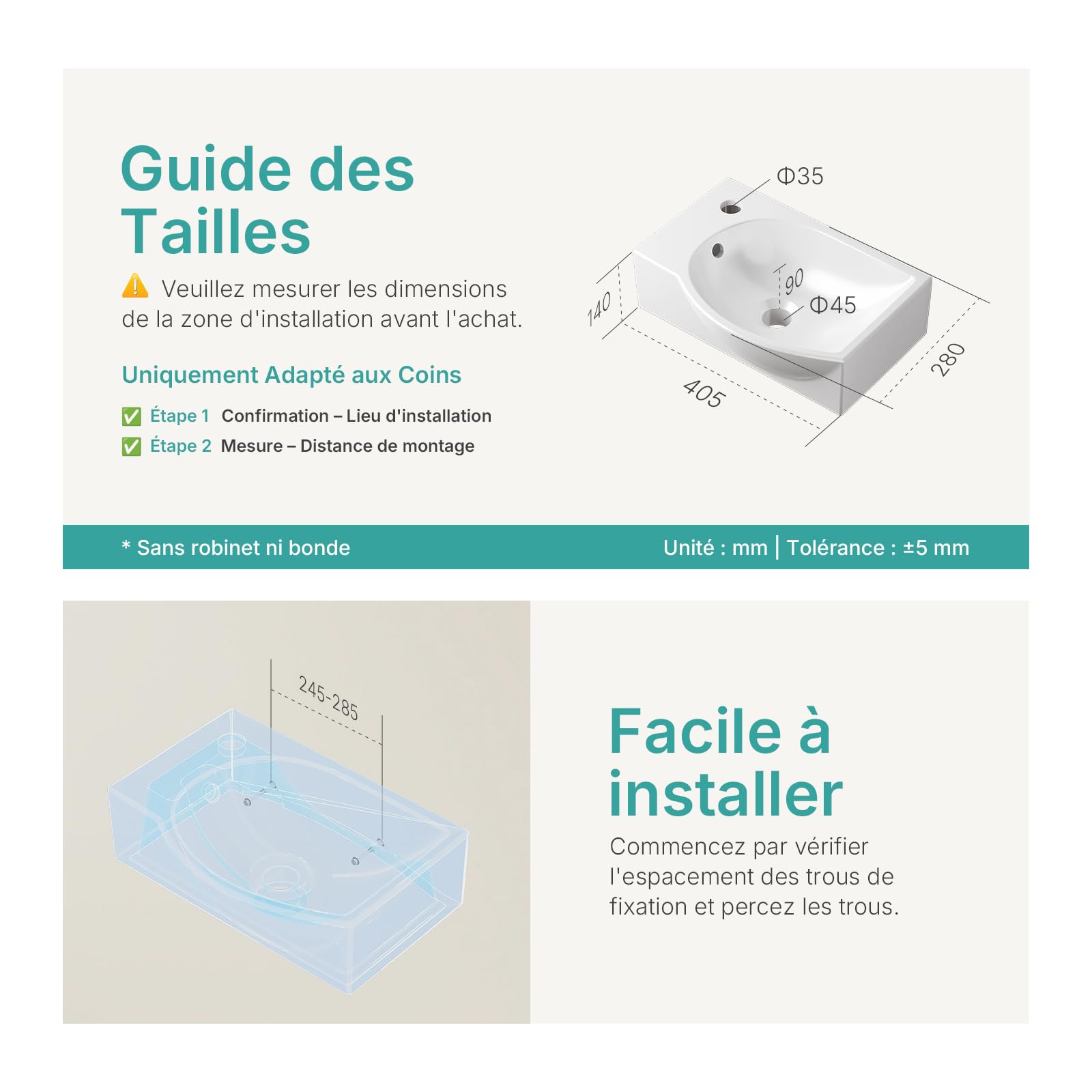 EMKE Lavabo colgante 405 x 280 x 140 mm - Lavabo compacto y elegante para baños pequeños y WC para invitados - Grifo izquierdo, instalación en pared, color blanco brillante