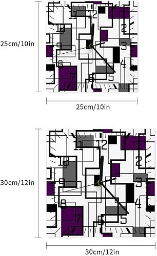 Miniatura 7 de Purple Grey Geometric Wooden Wall Clock Silent Non Ticking, Black Line Plaid Modern Abstract Art Square Wall Clock Battery Operated, Decor Clock for