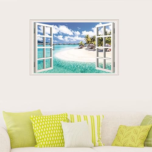 Miniatura 2 de Calcomanías de pared de paisaje marino de playa, paisaje natural 3D, póster de ventana de imitación de palmera de playa tropical, calcomanías de
