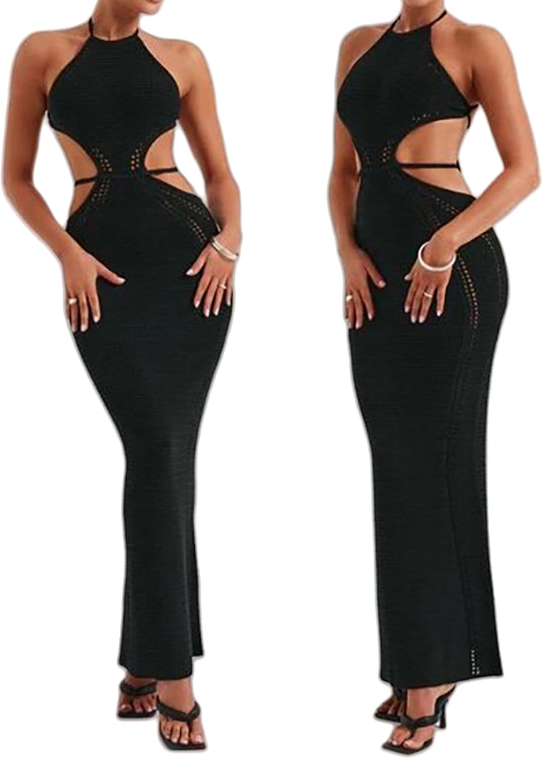 BOLLEY JOSS Women Crochet Knit Bodycon Maxi Dress Sexy Cut Out Waist Halter Backless Coverup Long Dress Open Back Sundresses - Image 6