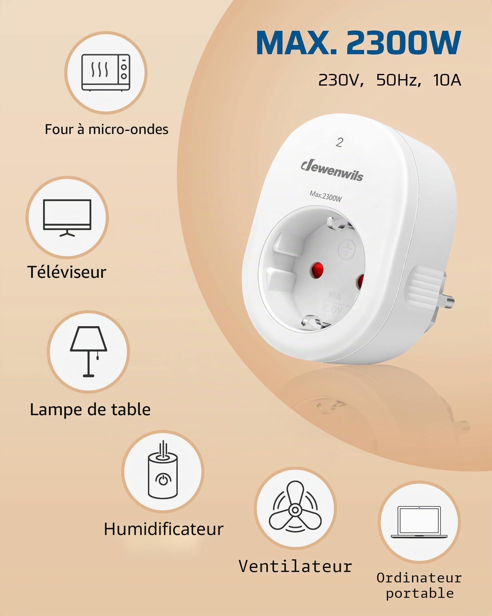 DEWENWILS Prises radiocommandées avec télécommande, 2300 W prise avec 1 télécommande, portée 30 m, lot de 4 prises radiocommandées, programmables et extensibles, blanc