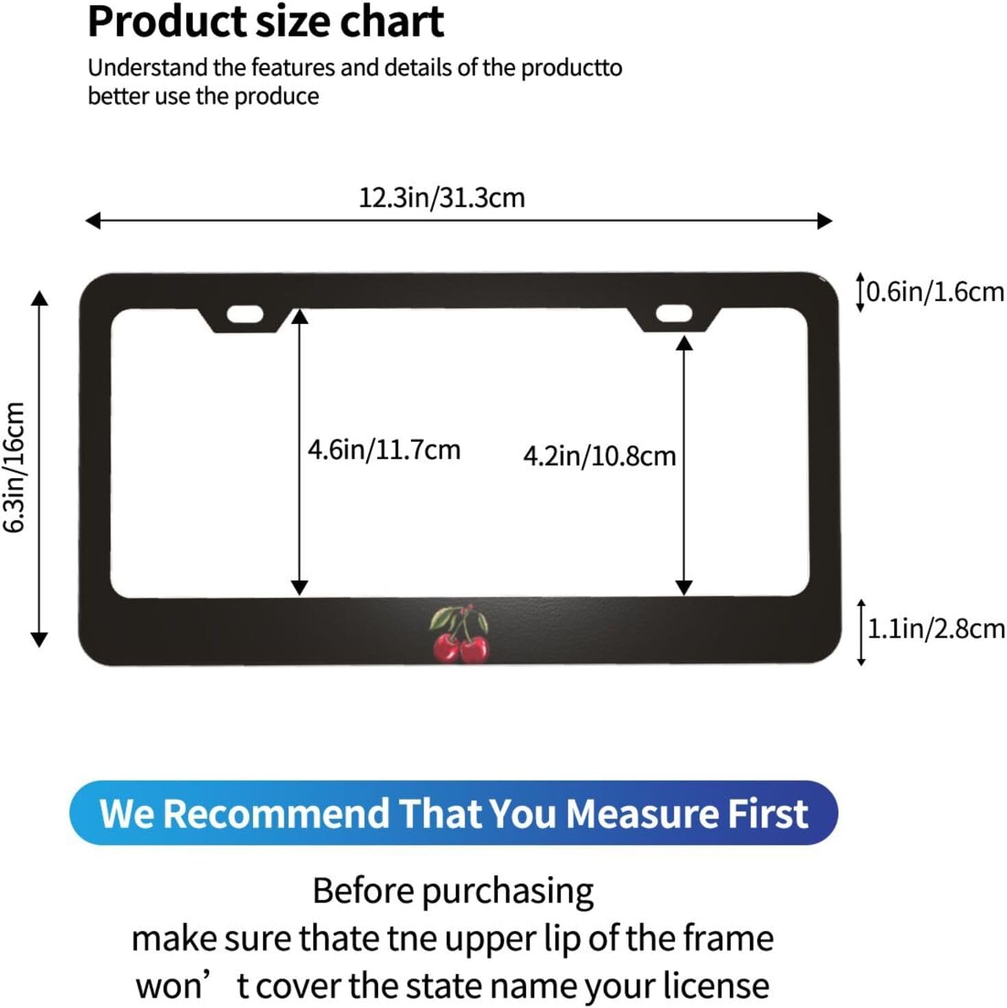 Cherry Bow Matte Aluminum License Plate Frame with Black Screw Caps，2pcs 2 Holes Black Licenses Plates Frames,Car Licenses Plate Covers Holders for Us Vehicles/Women/Men