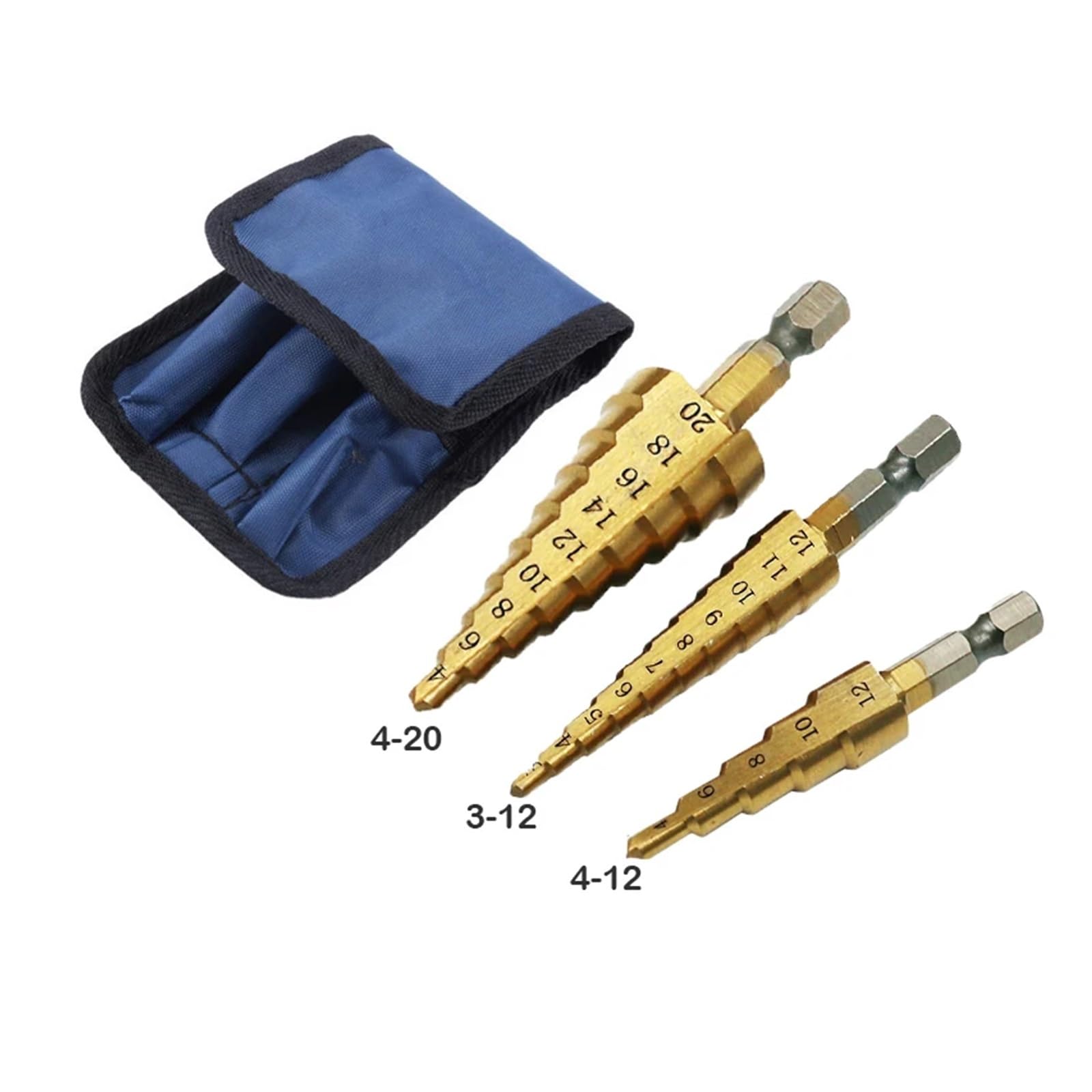 Foret hélicoïdal, 3 forets étagés droits de 12 mm, 12 mm, 20 mm.