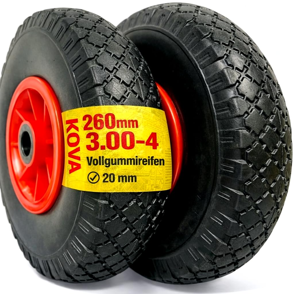 KOVA® 2 ruedas para carretilla (poliuretano, 260 x 85 mm, para eje de 2 cm, 3.00 – 4 carretillas, rueda de repuesto, neumáticos para carretilla, ruedas de carretilla), color negro/rojo