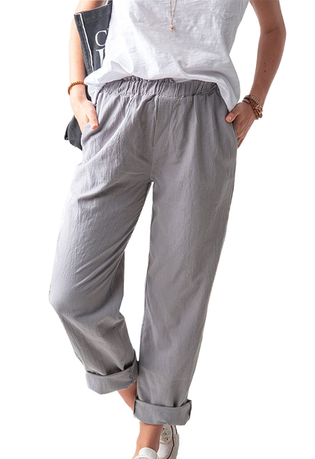 ASHER FASHION Womens Casual Elastic High Waist Long Pants with Pockets Solid Color