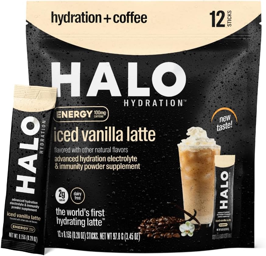 HALO Sport Iced Vanilla Latte - Instant Energy Drink Powder – Healthy Coffee Mix Hydration Electrolytes, Caffeine, Vitamins and Minerals 20 Calories Keto Low Calorie 1 x 12 Sticks, 1.0 grams