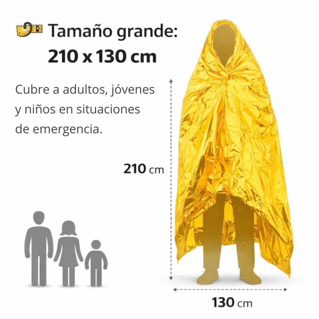 Manta Térmica de Emergencia Pack 10 Unidades – Manta Supervivencia Aluminizada Doble Cara Dorado/Plateado 210 x 130 cm – Prevención de Hipotermia para Coche, Montaña, Camping y Primeros Auxilios