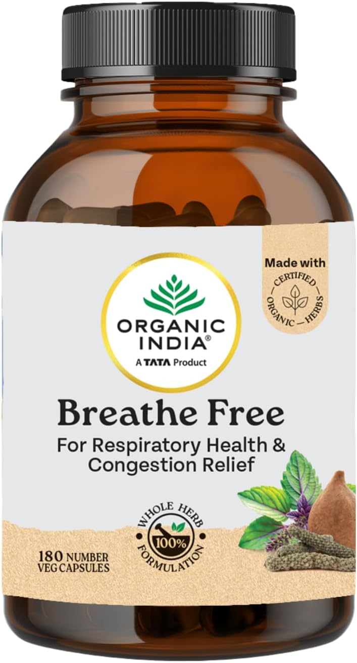 A TATA Product - Organic India Breathe Free - 180 Veg Capsules, Relieve Shortness of Breath, Wet & Dry Cough, Congestion & Respiratory Complications, Improves Lung Capacity, GMP & NPOP Certified Organic