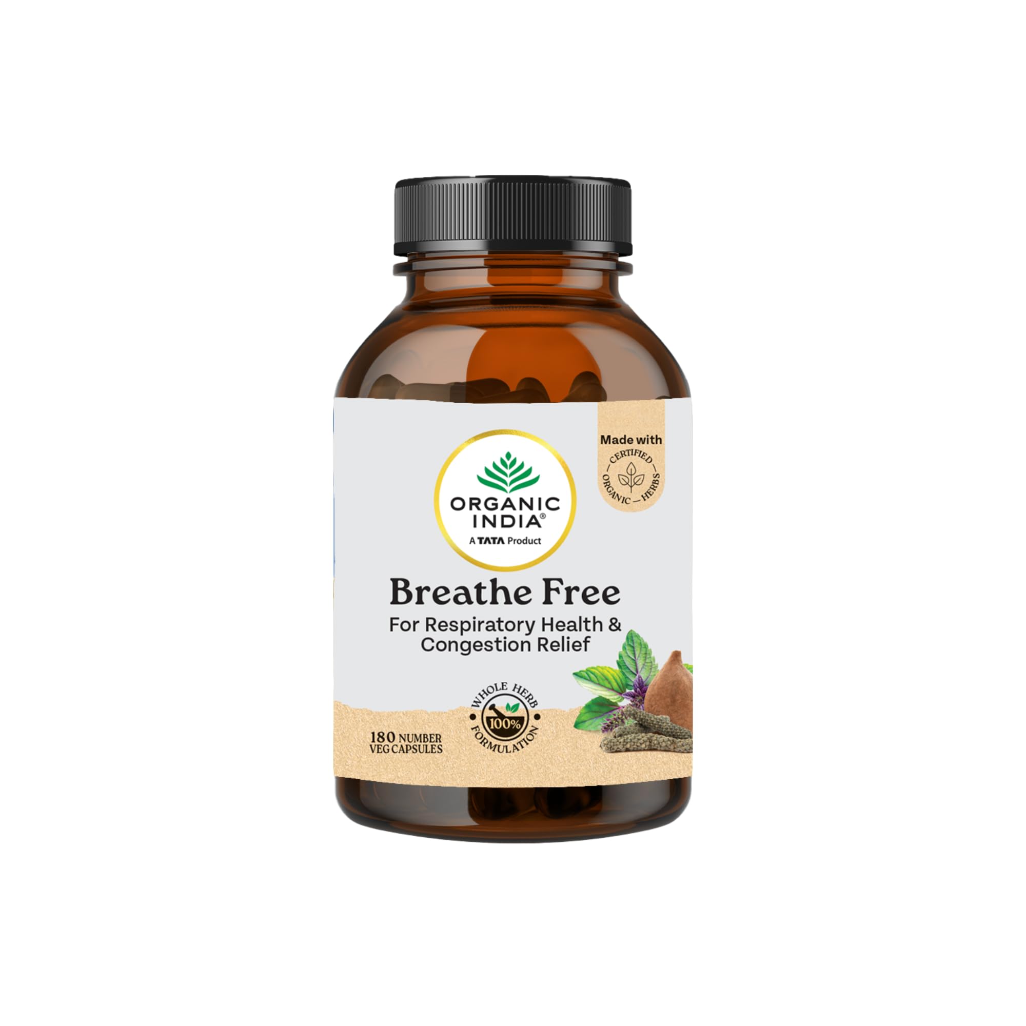 A TATA Product - Organic India Breathe Free - 180 Veg Capsules, Relieve Shortness of Breath, Wet & Dry Cough, Congestion & Respiratory Complications, Improves Lung Capacity, GMP & NPOP Certified Organic