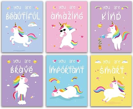 IIILUYOT Unicorn Inspirational Poster Set, 4 Pack 8x10", Girls Room Decor, Bedroom Wall Art