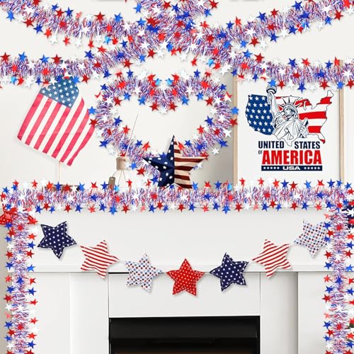 Image of 50FT 4th of July Patriotic Tinsel Garland Decorations, Red White and Blue Tinsel with Star Metallic Glitter Hanging Garland for Memorial Day 4th of July Independence Day Indoor Outdoor Decor