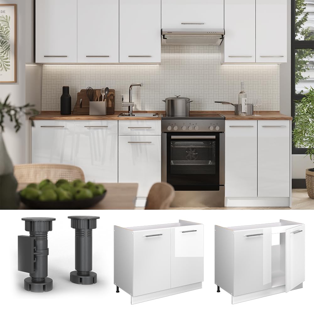 Vicco Meuble Bas sous-évier Fame-Line, Blanc Brillant/Blanc, 100cm | sans PT, à combiner avec d'autres modules de la série Fame-Line