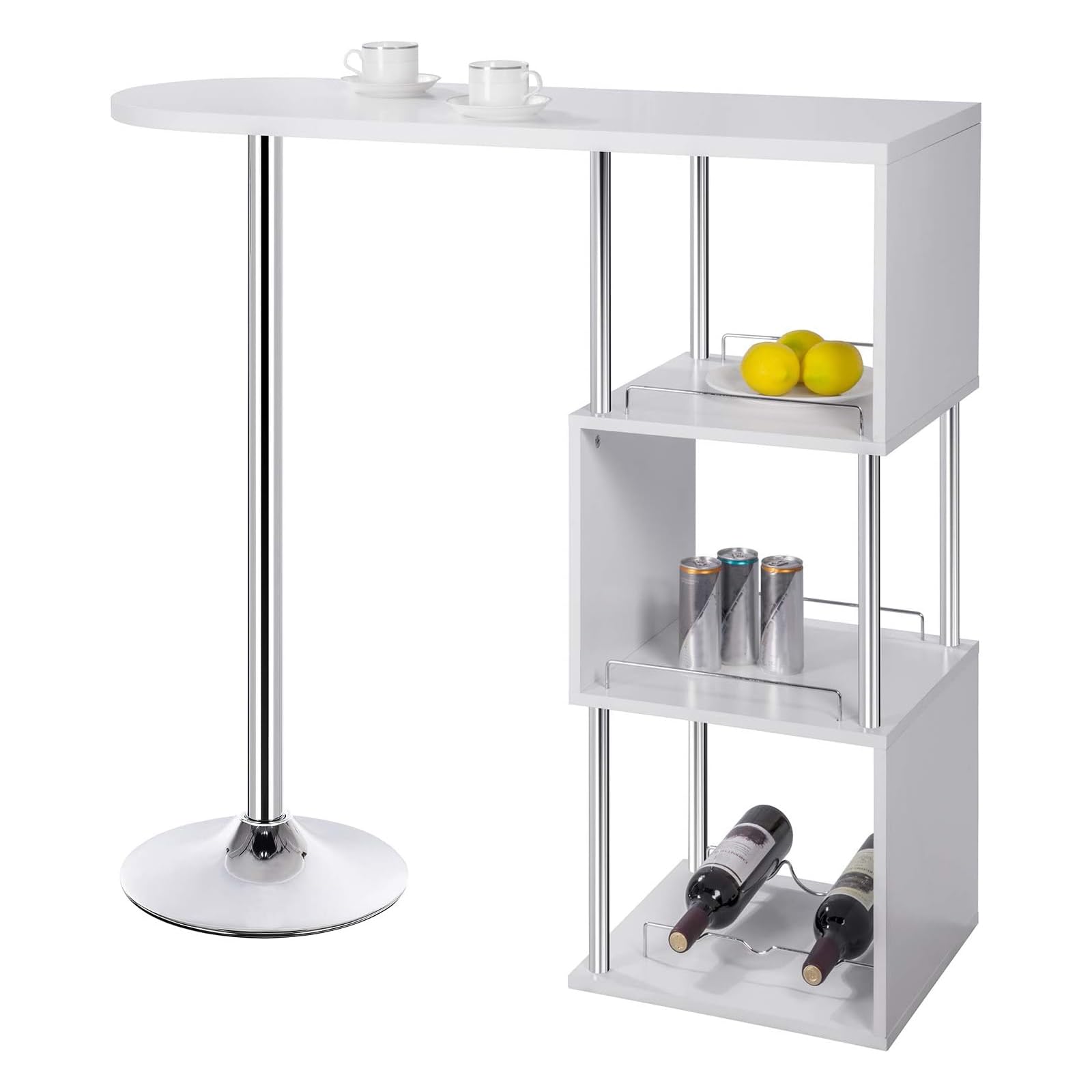 WOLTU Table de Bar avec 3 Tablettes et Porte-Bouteilles, Table de Cuisine Haute en MDF et Métal, Mange Debout pour Bar, Cuisine, Salon, 113 x 40 x 105 cm, Blanc