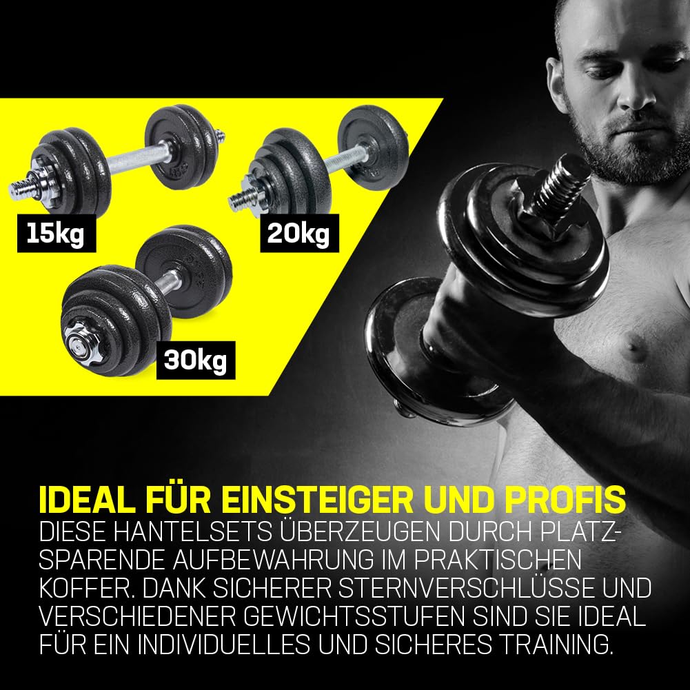 SPORTINATOR® "Machine" Hantel Set mit Koffer – Kurzhantel oder 2-in-1 Hantelset (15–40 kg) – Gusseisen & Stahl – Für effektives Ganzkörpertraining zu Hause oder unterwegs
