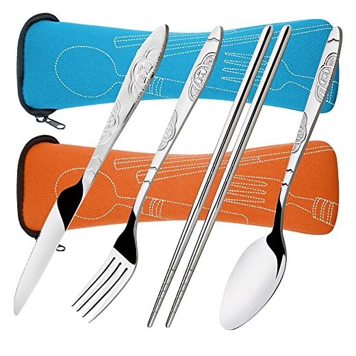 Senhai 8 Piezas Mostrada Conjuntos Cuchillo, Tenedor, Cuchara, Palillos, 2 Paquetes Vajilla con Estuche de Transporte para Viajar Cámping Picnic Excursionismo(Naranja, Azul Claro)