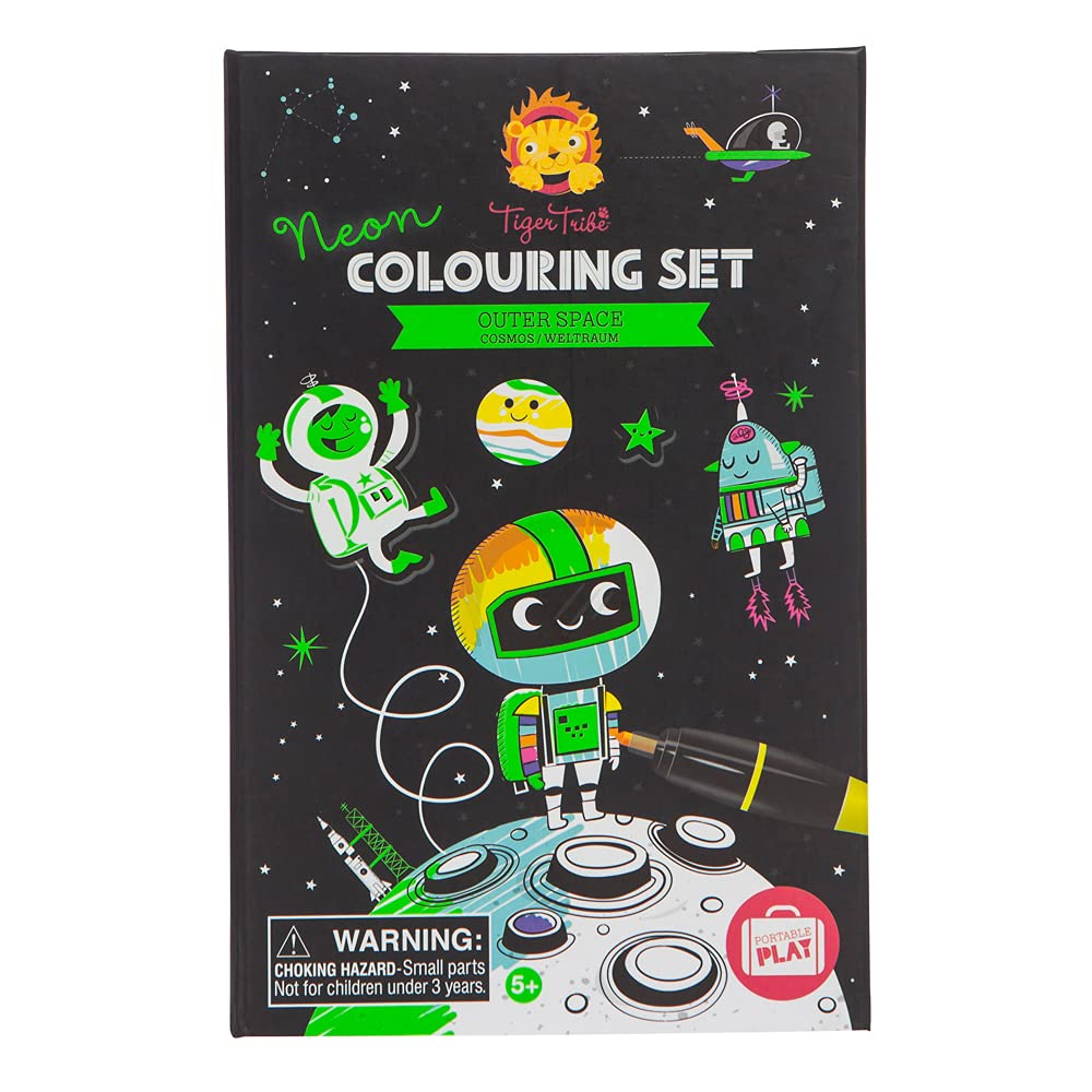 Neon Coloring Set - Outer Space, Cute Activity Set for Kids, incl. Stickers & Markers, Portable, Perfect for Travel, Great Gift