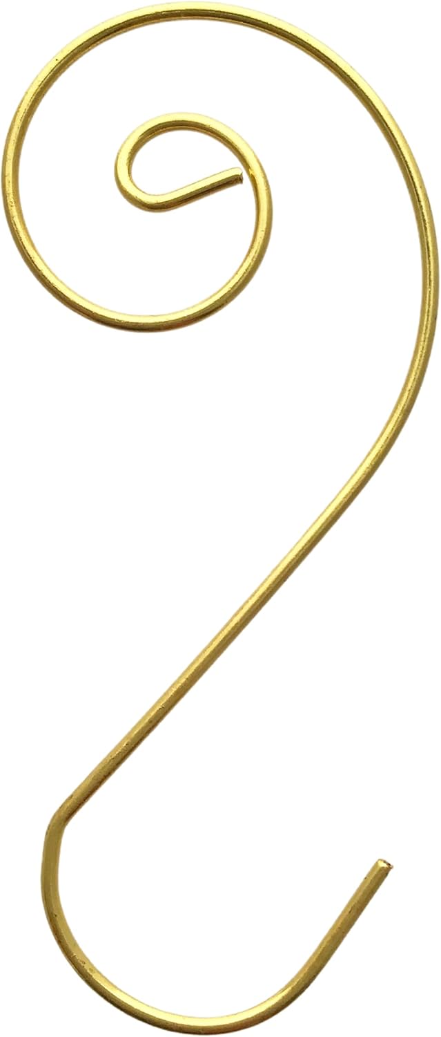 BANBERRY DESIGNS Gold Christmas Ornament Hooks - Set of 200 Metal Wire Hanging Hooks - Brass Ornament Hangers - Decorative Swirl Scroll Design - 2" L