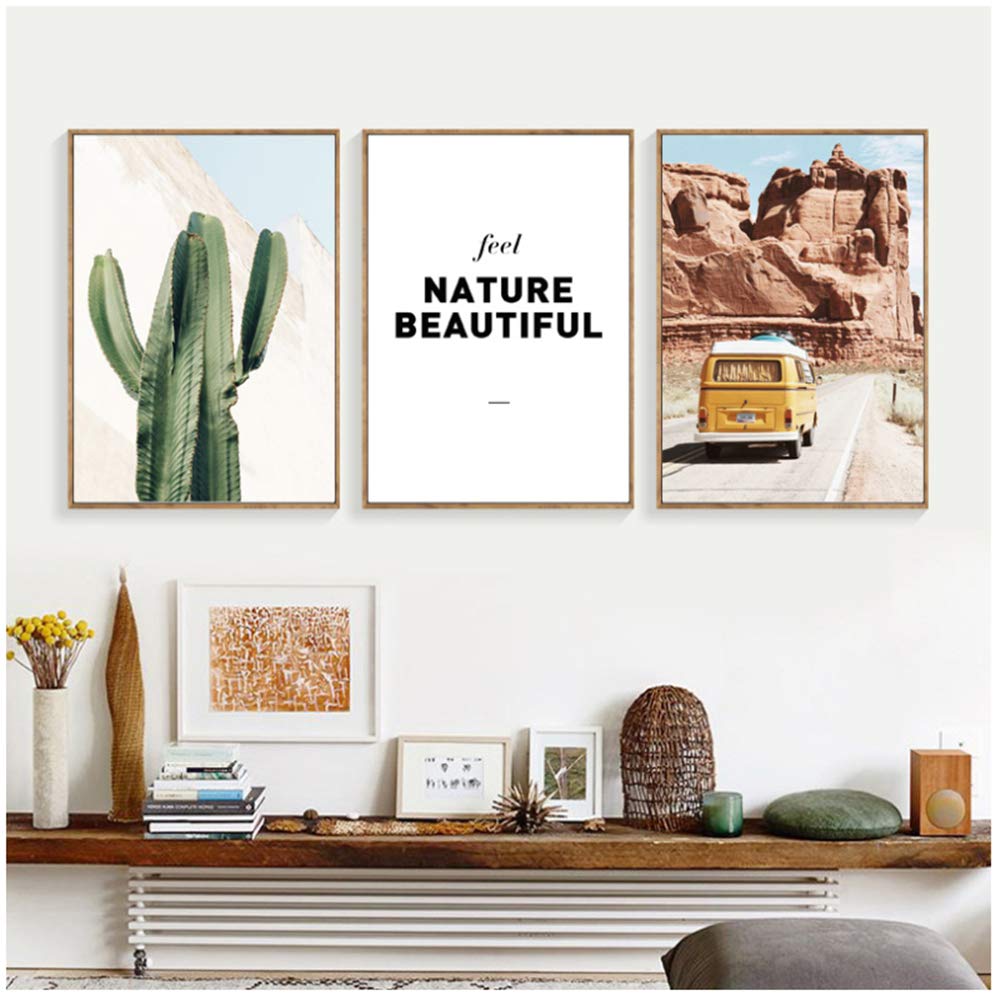 Lienzo Pintura Cactus Carteles e Impresiones Cartel Lámina Art Gobi Paisaje Imágenes de Pared del Coche para la decoración de la Sala de Estar 30x40cm (11.8 "x15.7) x3 con Marco