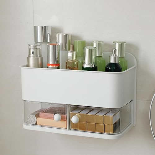 Miniatura 7 de Organizador de pared para baño, organizador de ducha de plástico 2 en 1 y soporte para Qtip, estante de almacenamiento adhesivo grande con cajón