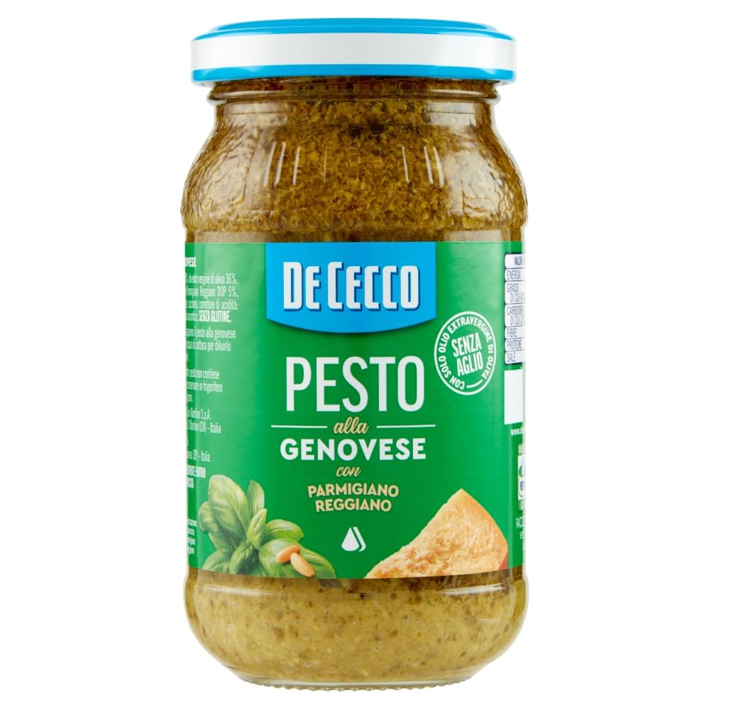 De Cecco – Pesto alla Genovese con Parmigiano Reggiano, sin ajo, salsa italiana auténtica de albahaca, tarro de cristal 12 x 190 g + Italian Gourmet polpa 400 g