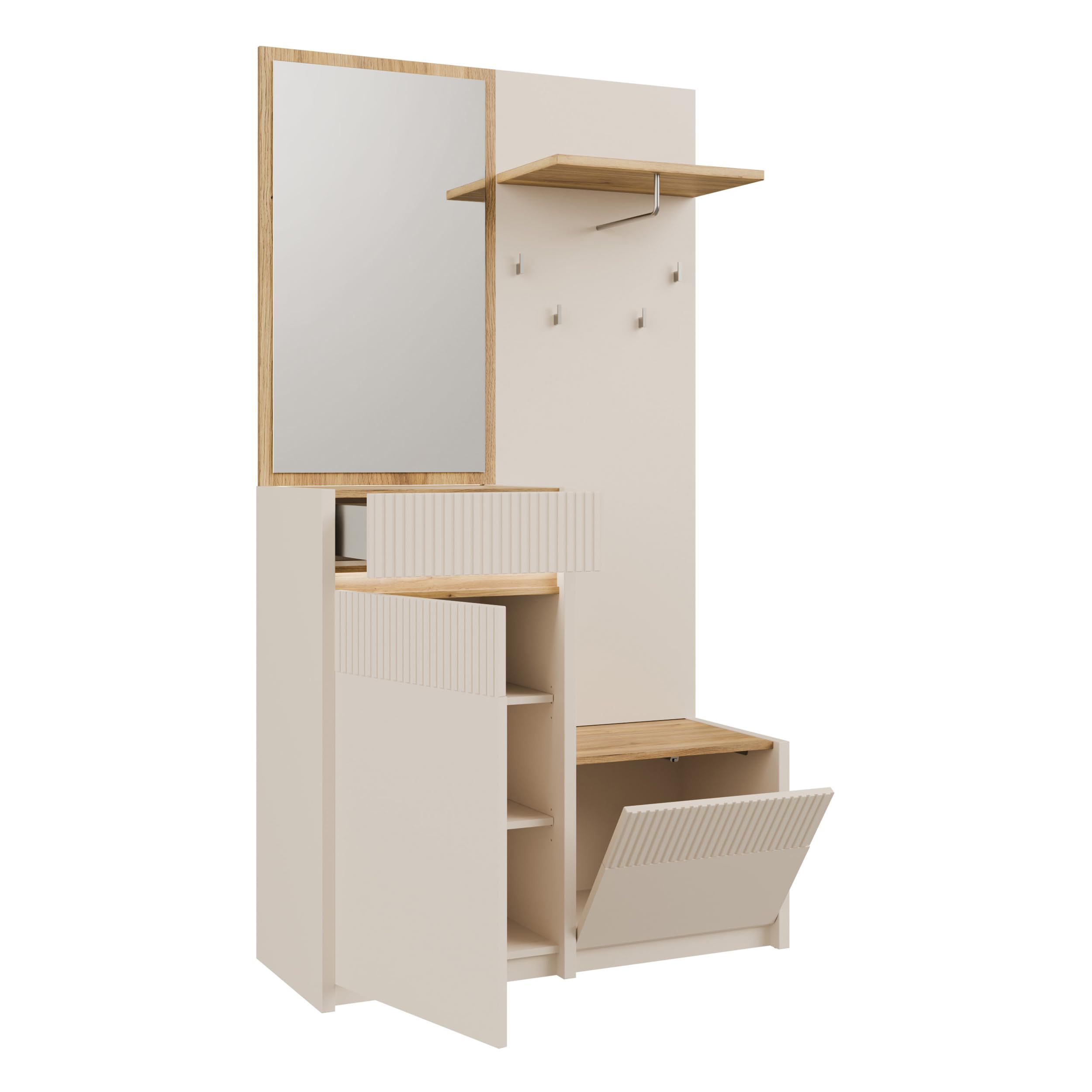 Forte Oak SQUERE Garderobe 100 110, Elegante Garderobe mit Spiegel, Kleiderstange und Aufbewahrung, Holzwerkstoff, Mauvella Eiche Holzdekor/Sand, 108,4 cm breit x 195,9 cm hoch x 41,7 cm tief
