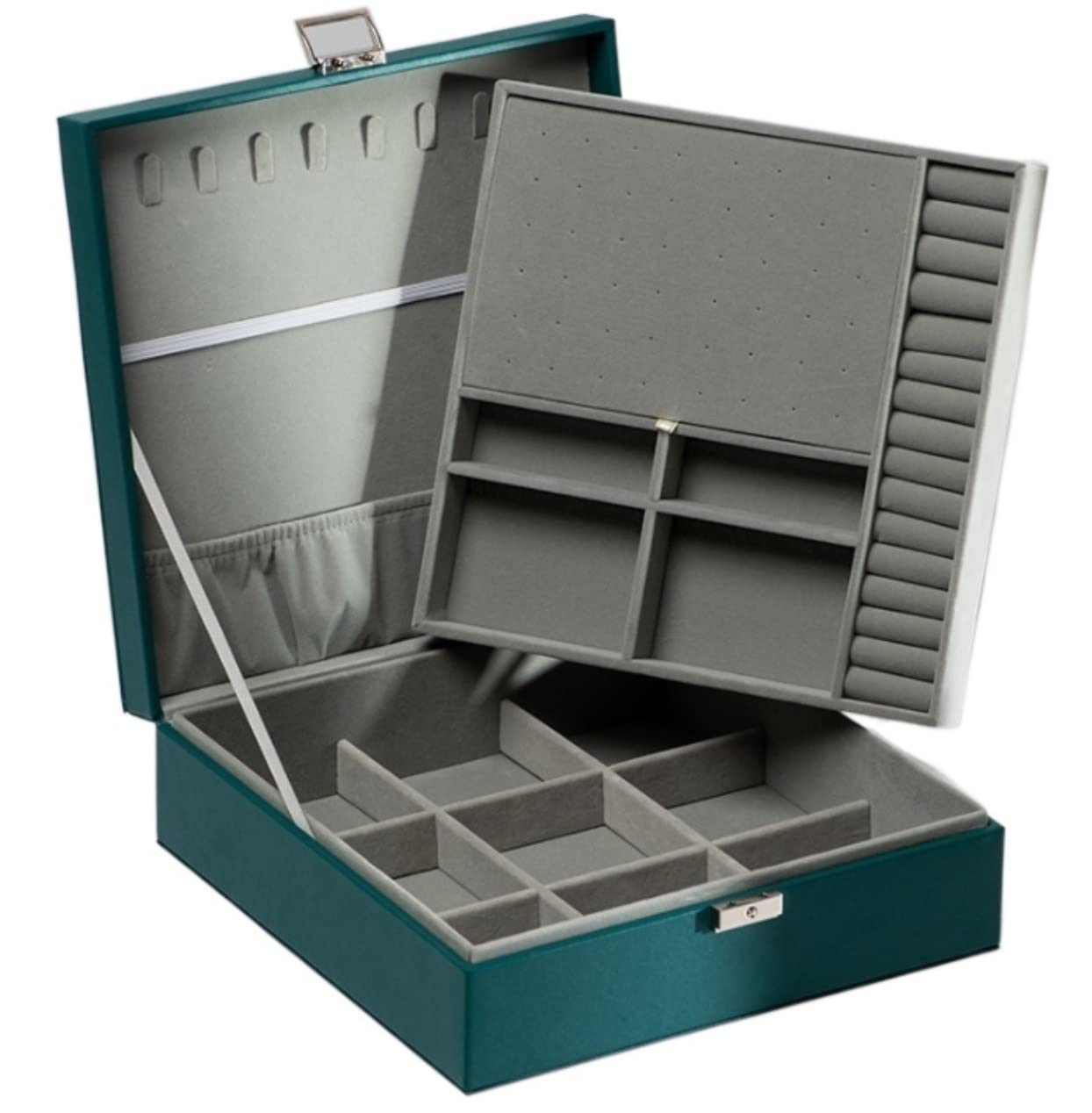 Nowoczesna Luksusowe PU Leather Travel Jewelry Box Organizer dwuwarstwowy gablota dla dziewczynek, kobiet, prezentów, pierścionków do przechowywania Ozdoba(Grün)