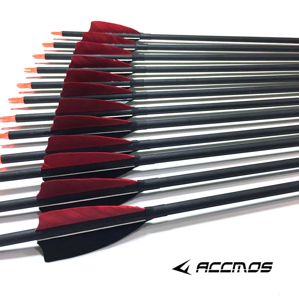 ACCMOS Spine 500 Tiro con L'Arco Freccia in Carbonio 23-30 Pollici con 3'' Piuma di Tacchino,Punte di Freccia Rimovibile, per Arco Ricurvo Arco Composto Caccia 12 pzi