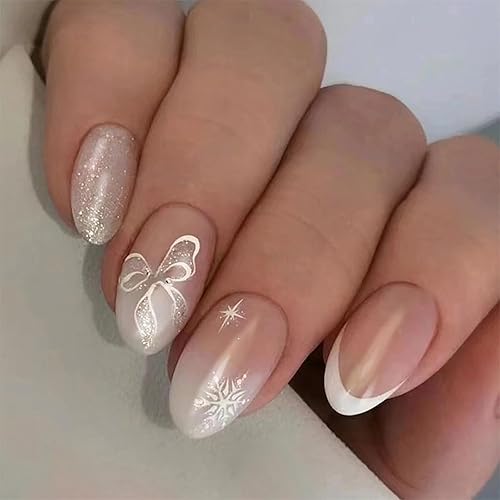 MERVF Uñas postizas cortas redondas a presión, color blanco, punta francesa, ovaladas, uñas postizas con pegamento con diseño de patrón de