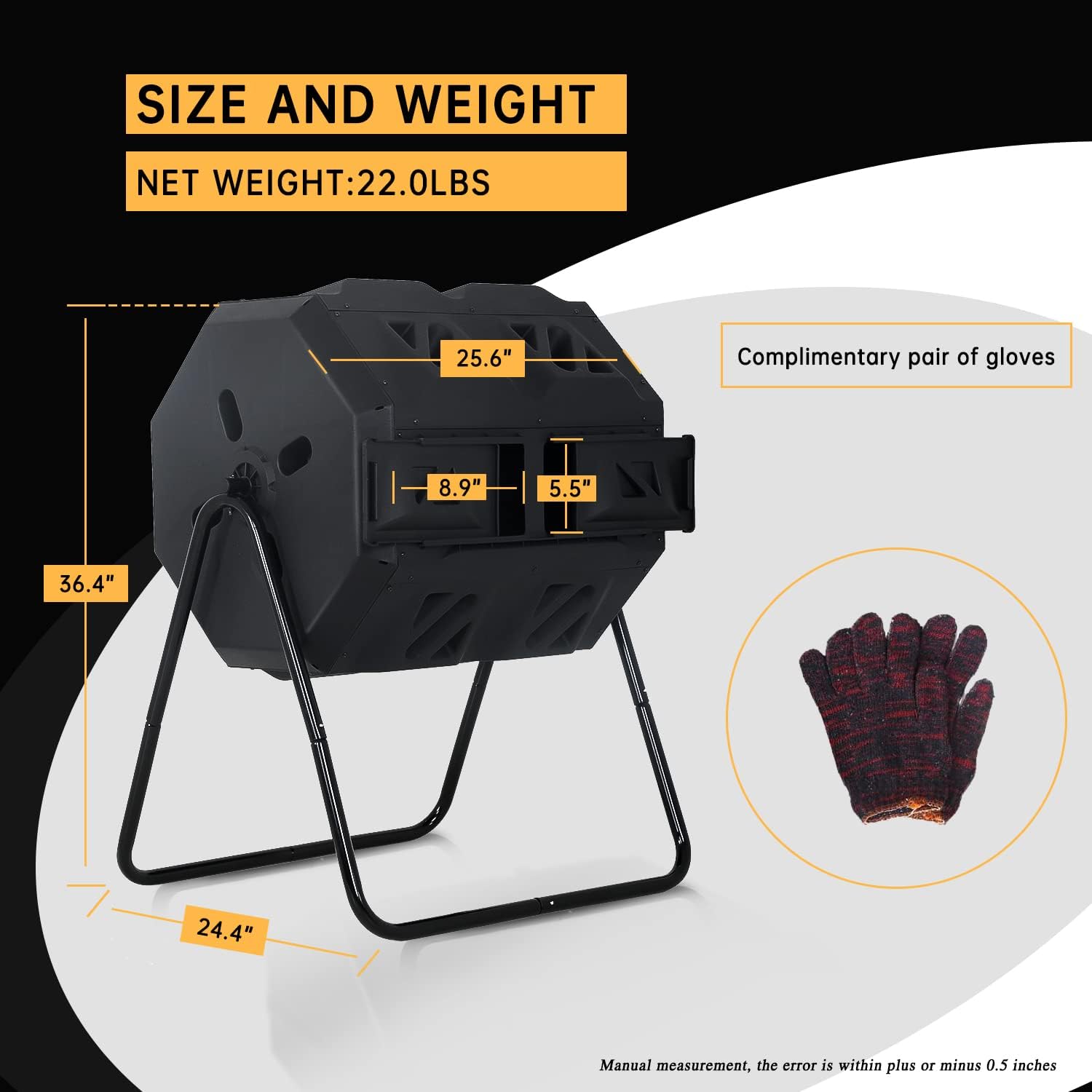 Compost Bin Outdoor Tumbler Compost Dual Chamber 43 Gallon Capacity BPA Free Rotating Batch Composting Tumbler with Sliding Doors All Season Composter for Garden Yard Black