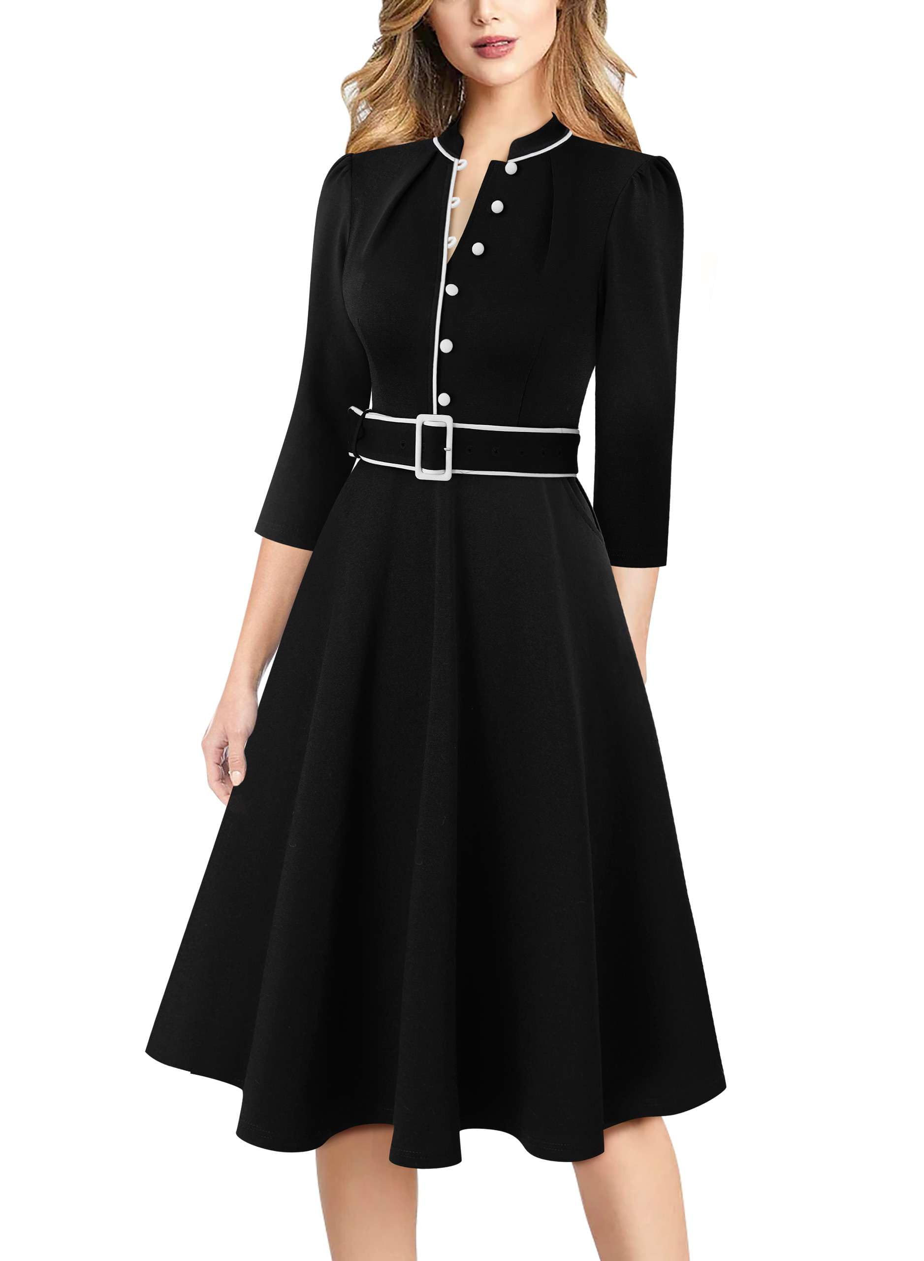 VFSHOW Womens 2024 Business Work Office 3 4 Sleeve Pockets Belted Buttons Elegant Fit and Flare A-Line Dress