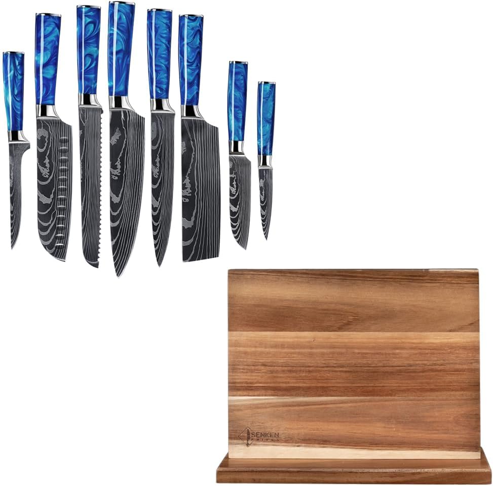 SENKEN 8-piece Japanese Blue Resin Knife Set with Magnetic Knife Block Bundle
