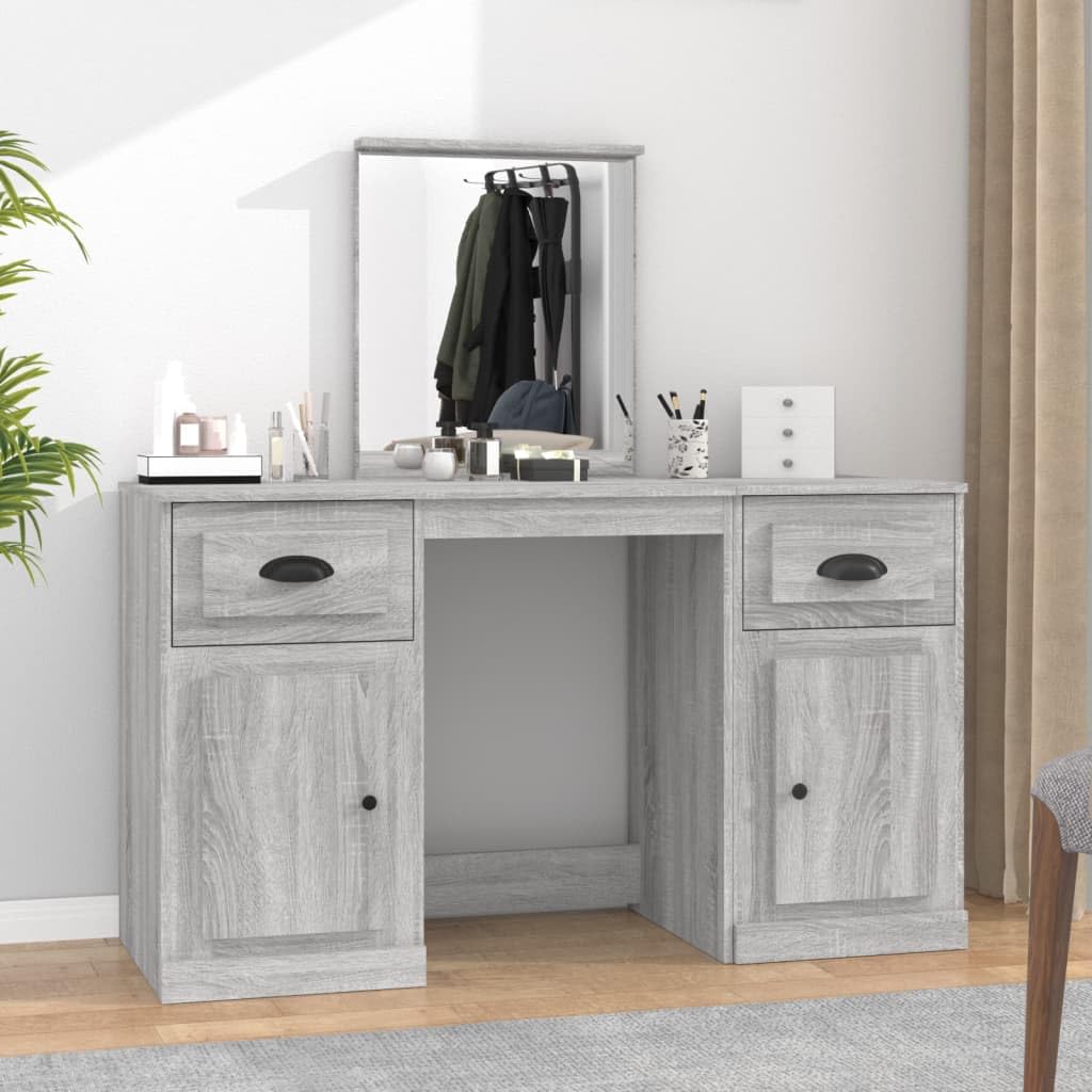 Tocador con espejo gris Sonoma de madera, 130 x 50 x 132,5 cm, con cajón, taburete, iluminación LED y espacio de almacenamiento para dormitorio o habitación de niña
