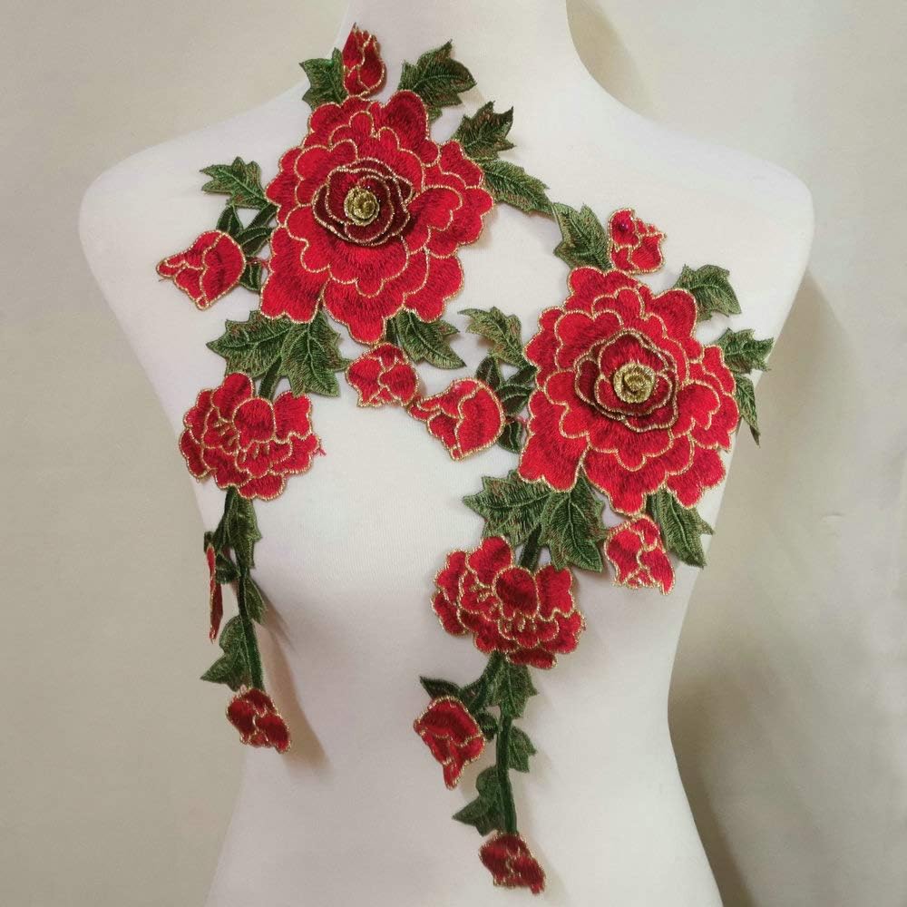 2 Pcs 3D Embroidered Sewing On Patch Flower Patch Stickers for Clothes Badge Sewing Fabric Applique Supplies (red)