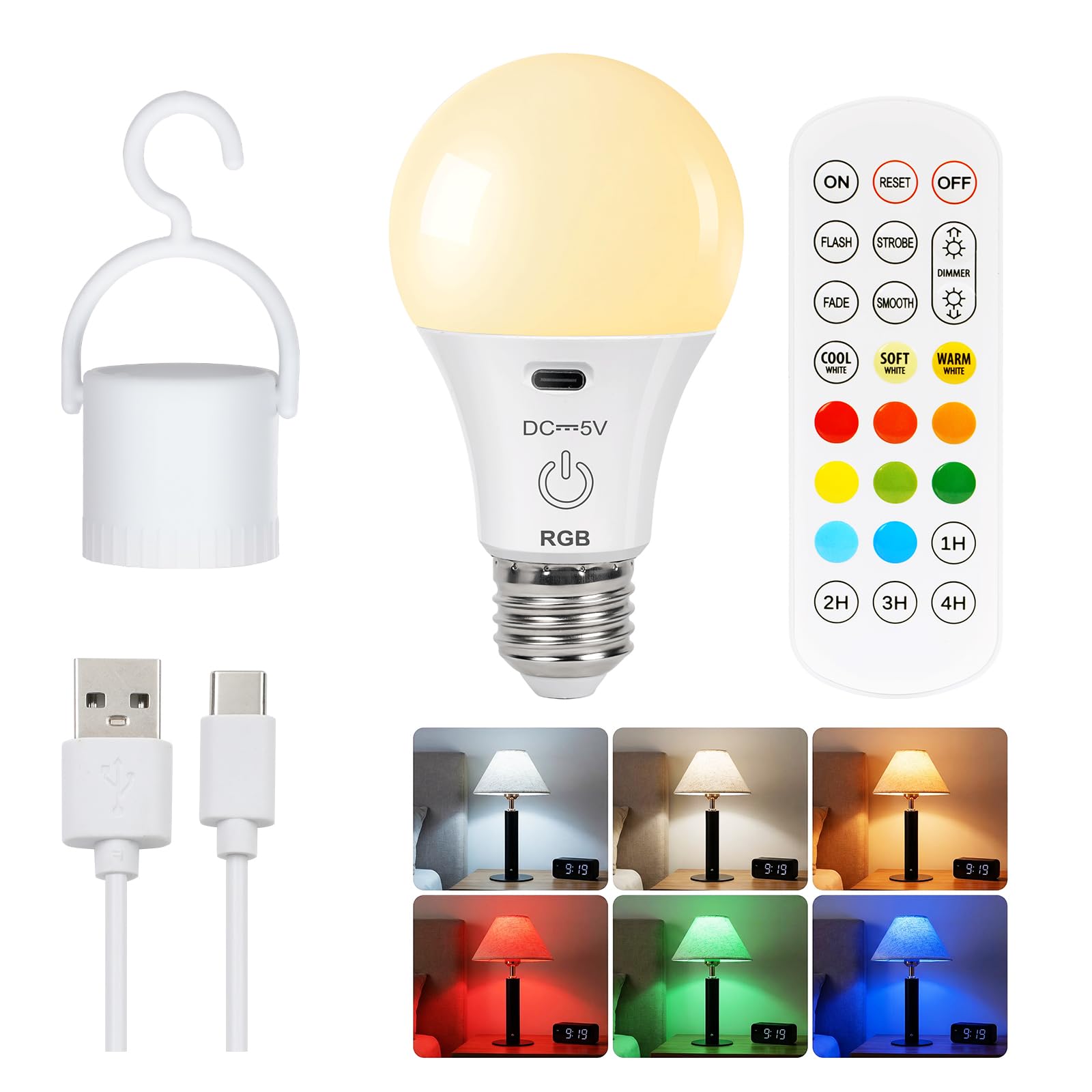 FRIDEKO HOME Aufladbare Glühbirne mit Fernbedienung 2600mAh E27 Smart Farbwechsel Farbige RGB Touch Control Dimmbare Akku Lampe mit Timing Funktion