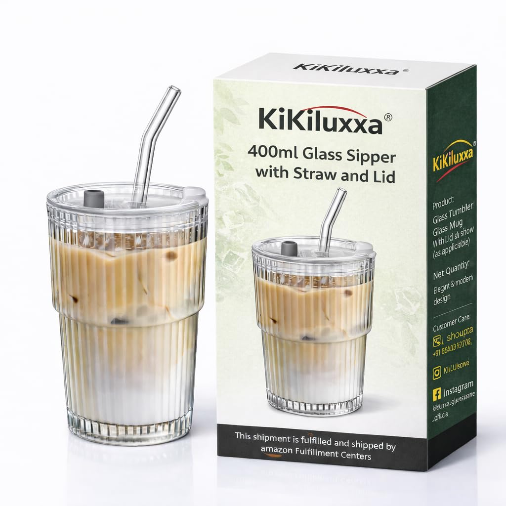 KiKiluxxa Water Drinking Glass Travel Sipper Tumbler Mug with Straw and Lid - 350ml-Pack of 1 - Tea and Coffee Fruit Juice Milk Cup with Straw (Basilica)