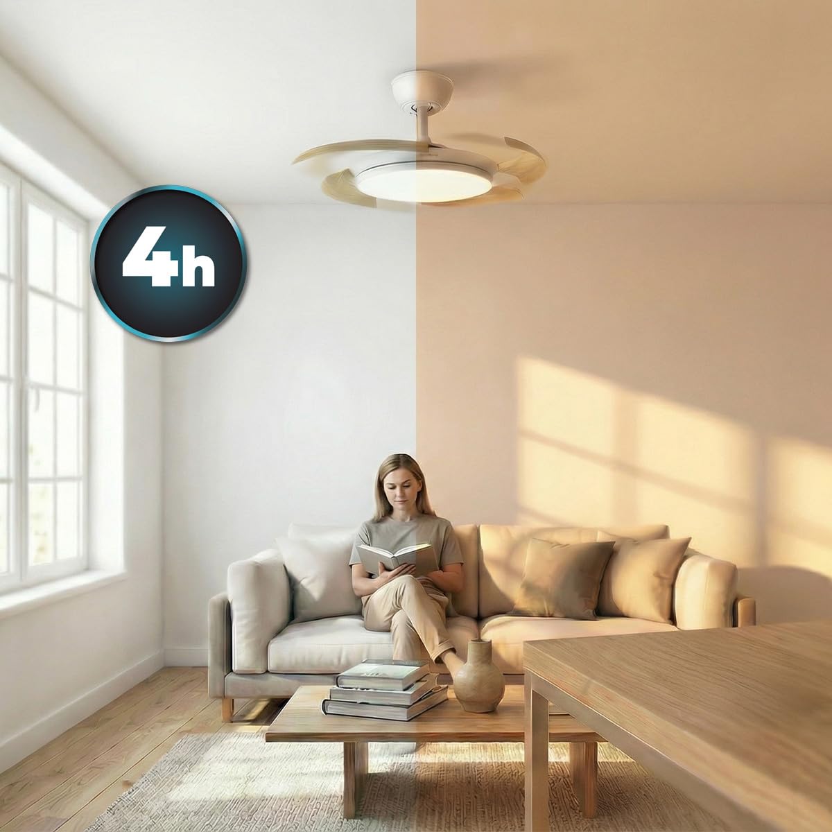 Cecotec Ventilatore da Soffitto Luce e Pale Retrattili EnergySilence Aero 4500 Puzzle Invisible White&LightWood. 30W, Motore DC, 42", LED, Telecomando, Timer, Estate/Inverno, Relax Totale