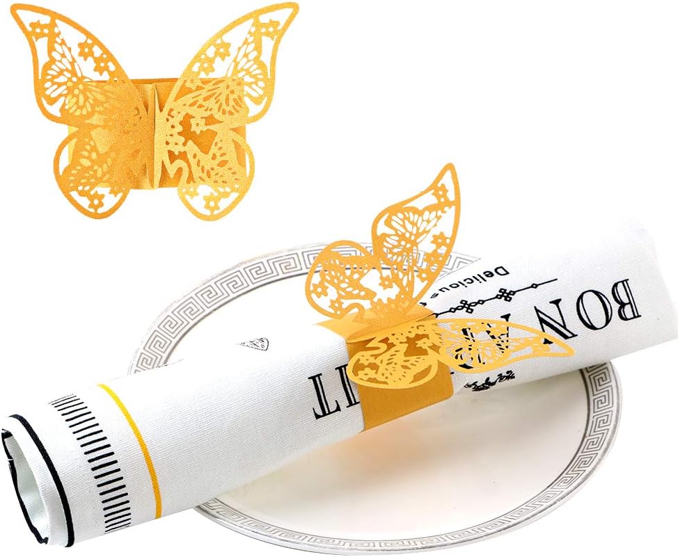 Baimeixun 100pcs 3D Butterfly Paper Napkin Rings for Weddings Party Serviette Table Decoration (Gold)