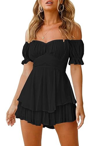 Fixmatti Women Boho Romper Off Shoulder Ruffle Chiffon Shorts Jumpsuit Playsuits - Small - Black