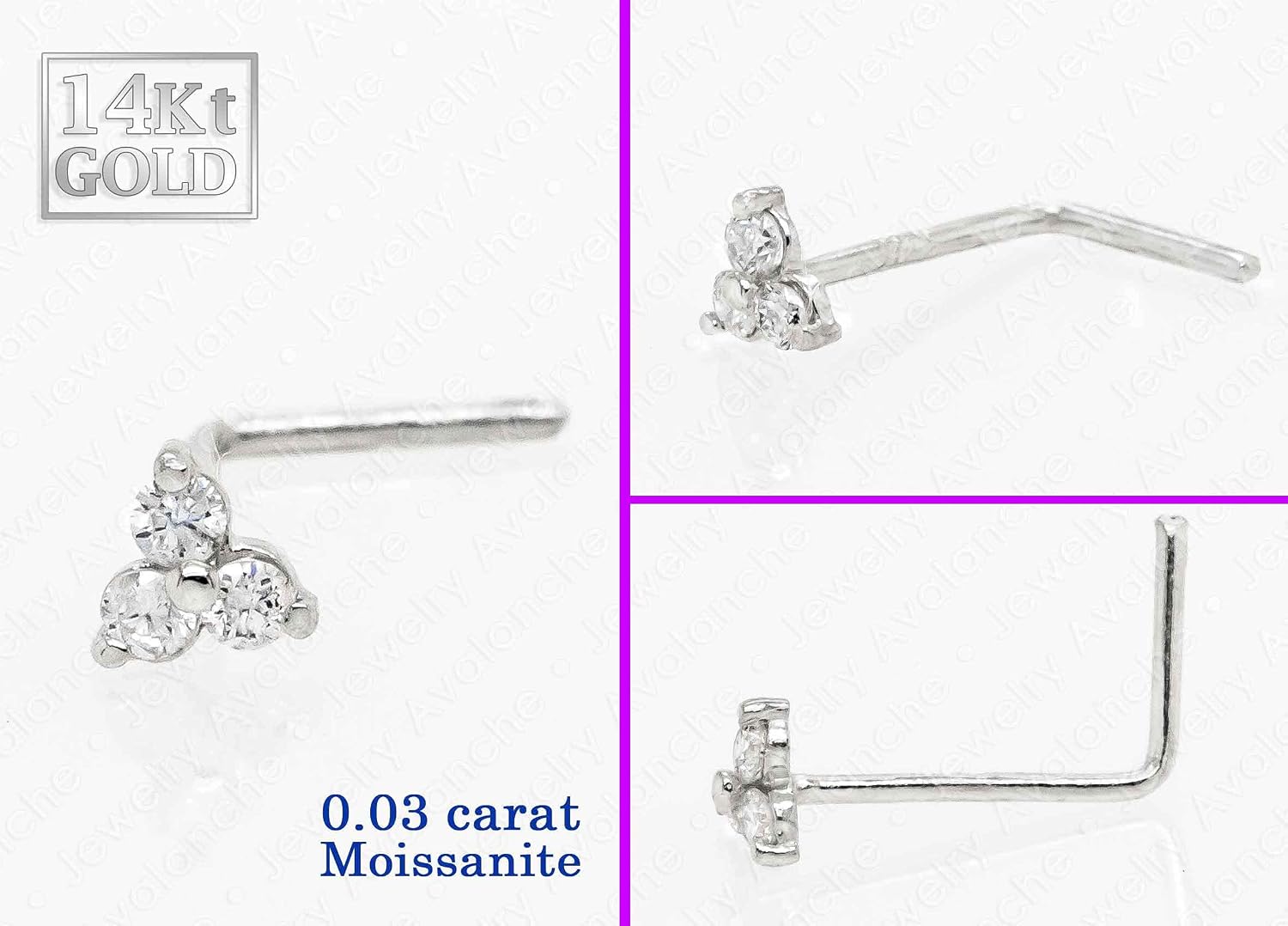 3-Stone 0.030ctw Moissanite Nose Stud - 22G Solid 14Kt Gold Nose Bone/L-Shape/Nose Screw Stud Nose Ring - April Birthstone Nose Stud