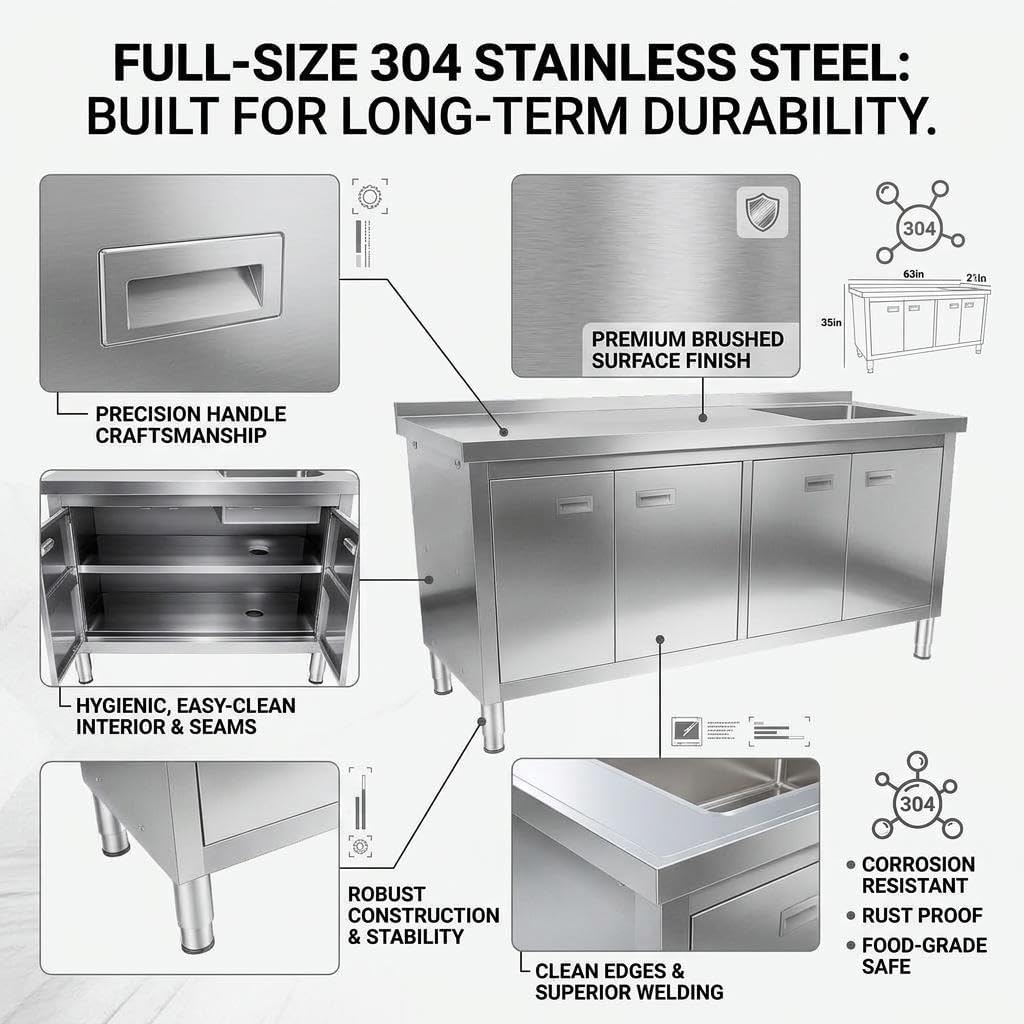 63" x 21" Stainless Steel Utility Sink Heavy Duty Commercial Sink Freestanding Laundry Sink with Large Capacity Storage Cabinet for Outdoor Kitchen Restaurant Hotel Cafe and Garage