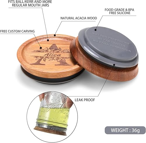 Miniatura 3 de Paquete de 6 tapas para tarros Mason de boca regular, tapas de tarro de madera reutilizables personalizadas, tapa de almacenamiento de madera con