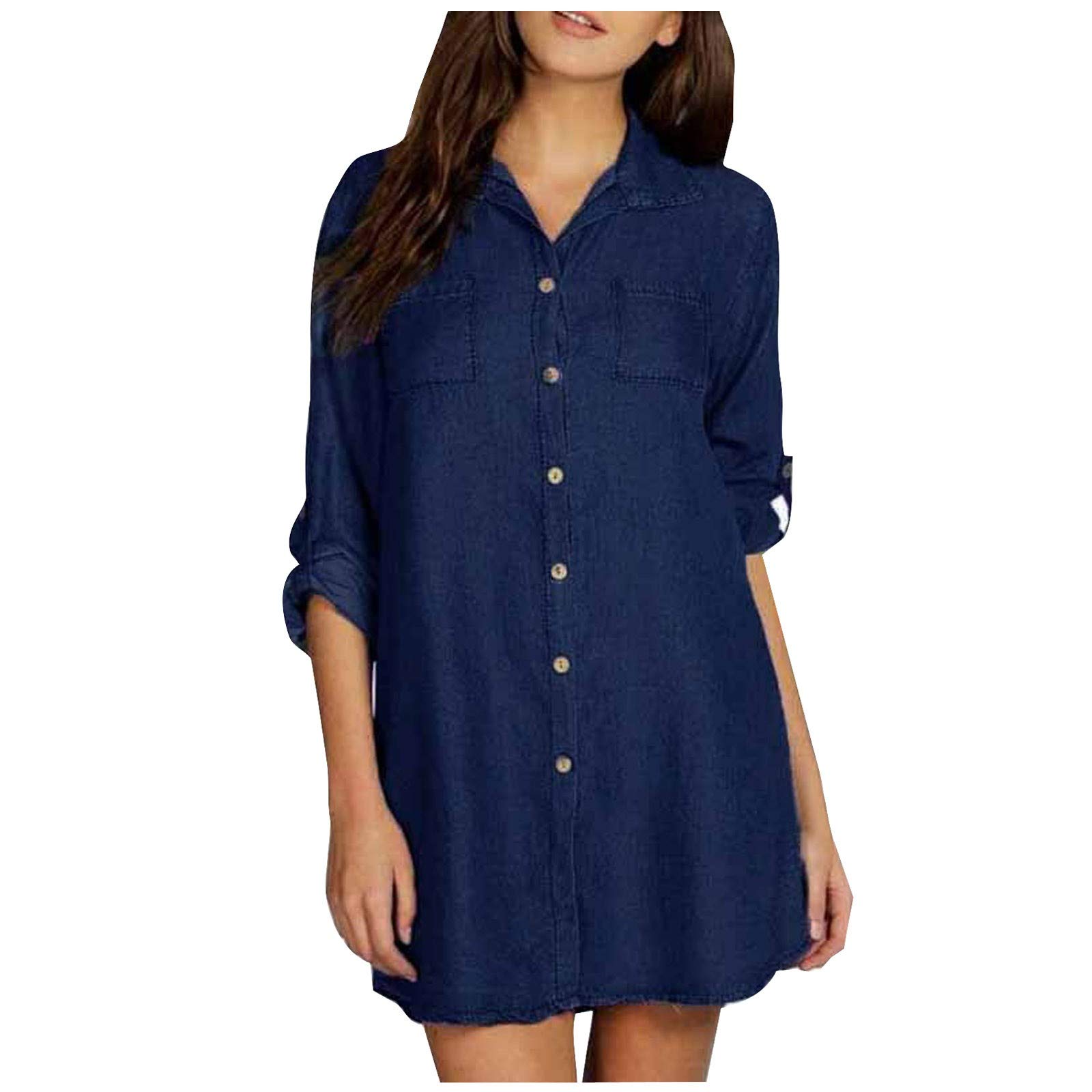 UOGE Dresses For WomenV-Neck ButtonDailyShirt Casual Dress (Navy, XXL)