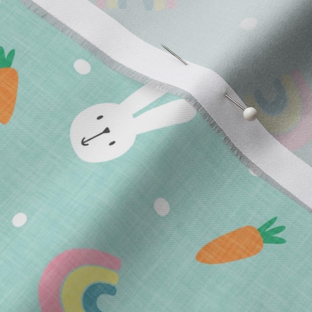 Spoonflower Fabric - Bunnies Rainbows Pastels Aqua Spring Easter Teal Bunny Carrot Printed on Organic Cotton Sateen Fabric by The Yard - Sewing Quilting Apparel Home Decor