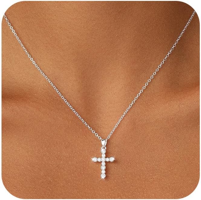 Lyncory Cross Necklace for Women 14K Gold Silver Diamond CZ Cross Pendant Choker Dainty Gold Necklace Round Diamond Faith Religious Trendy Jewelry Gifts