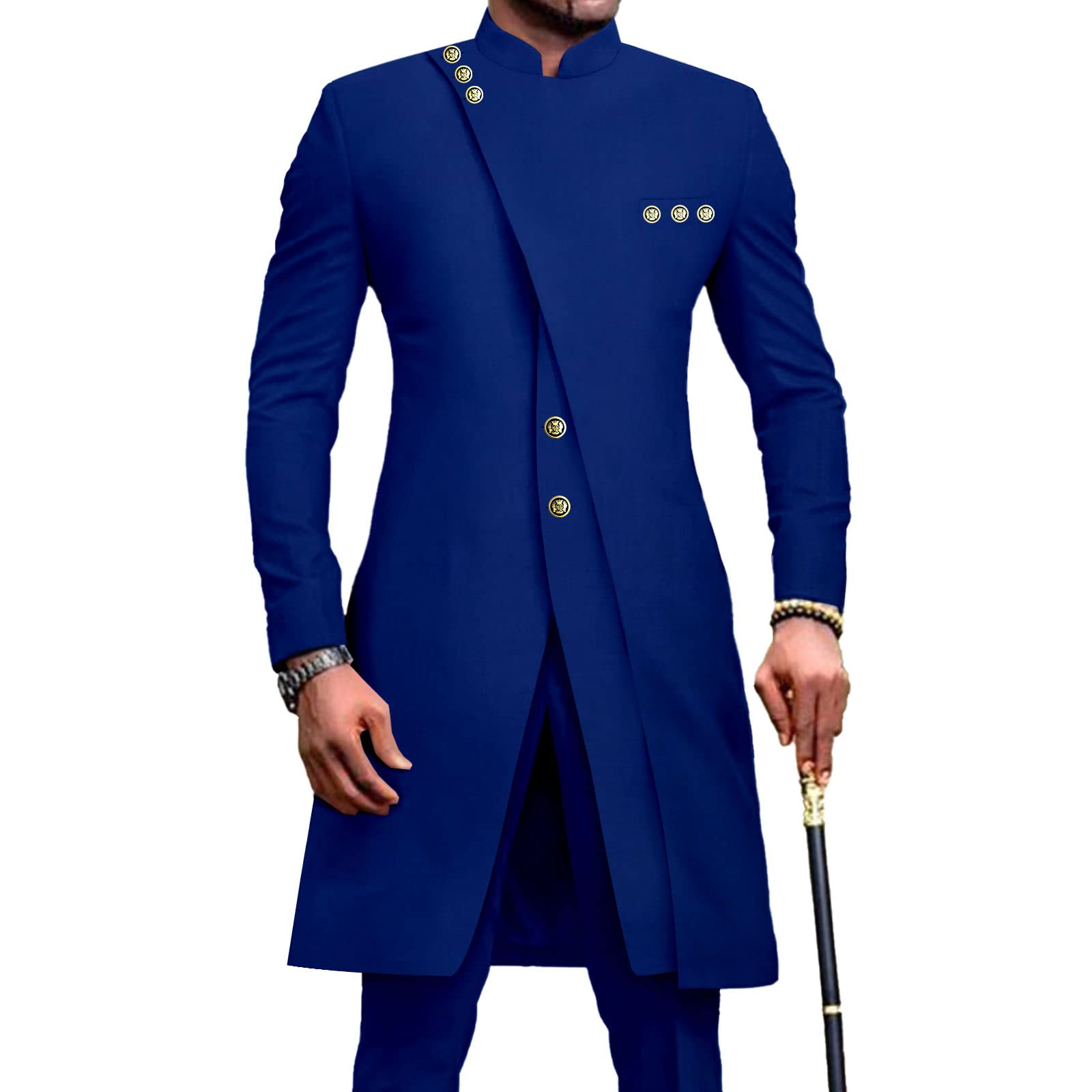 African Suits for Men Slim Fit Single Breasted Blazer and Pants Set Business Dress Suit Party Wedding Evening, Blue, XL