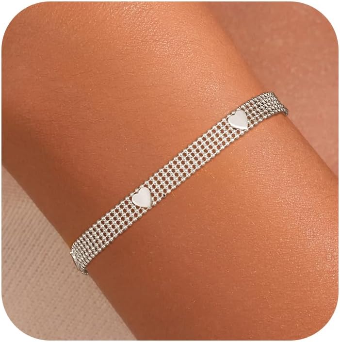 S925 Sterling Silver Star Chunky Bracelet for Women Dainty LOVE Heart Chain for Mother Daughter Fashion Adjustable Bracelets Valentine's Day Jewelry Size 16+3CM