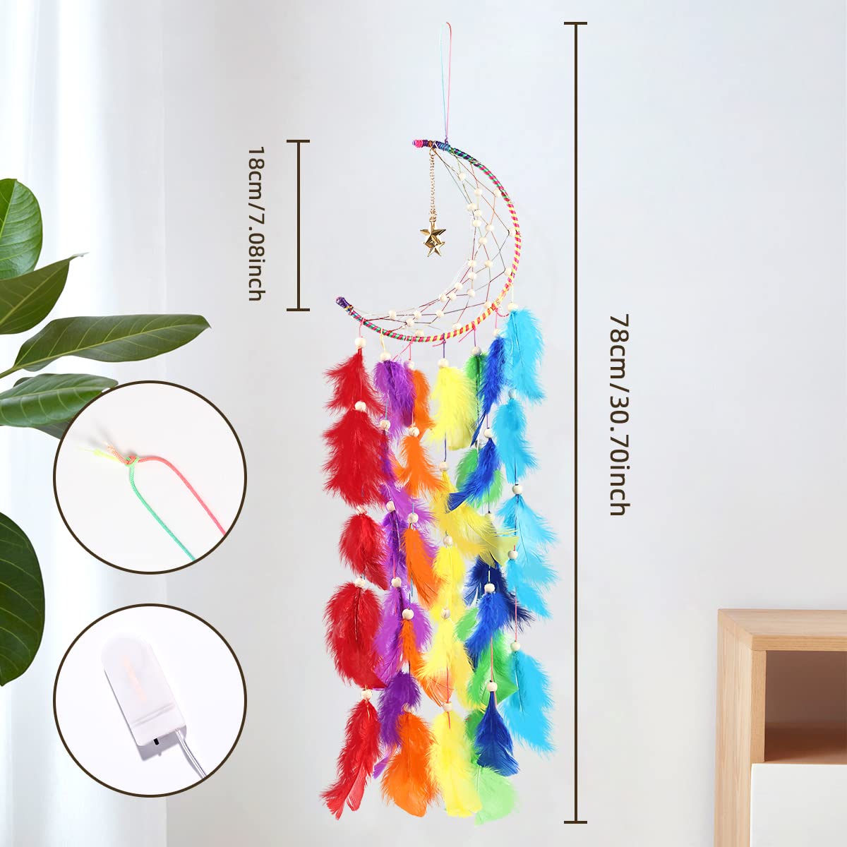 Attrape-rêves Bohème Avec Lumières LED – 44 Cm, Plumes, Perles, Pour Chambre, Décoration Murale - 9